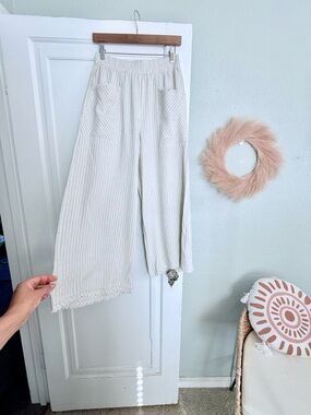 Lightweight Cream Pinstripe Wide-Leg Pants